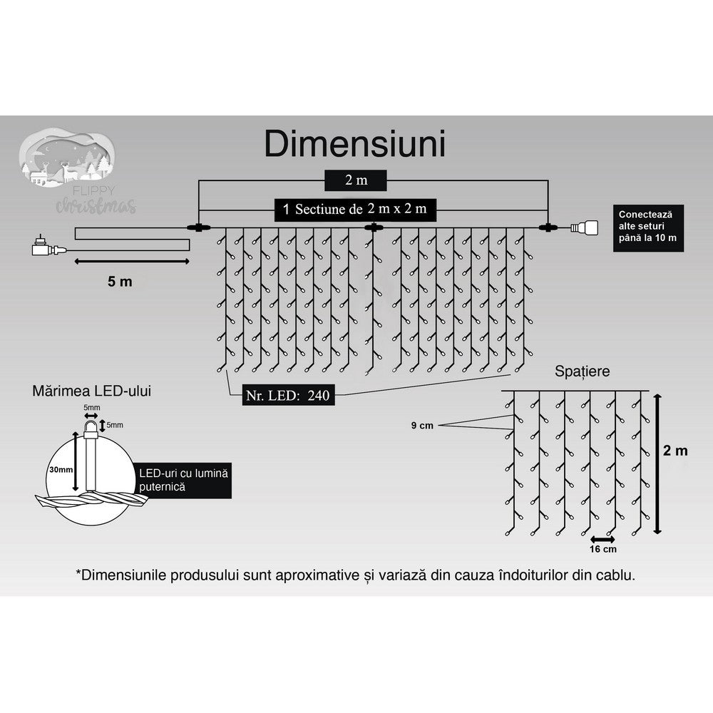 Instalatie Craciun, Tip Perdea, IP44, 2 m x 2 m, 240 LED-uri, Alb cald, 8 jocuri de lumini, Transformator,