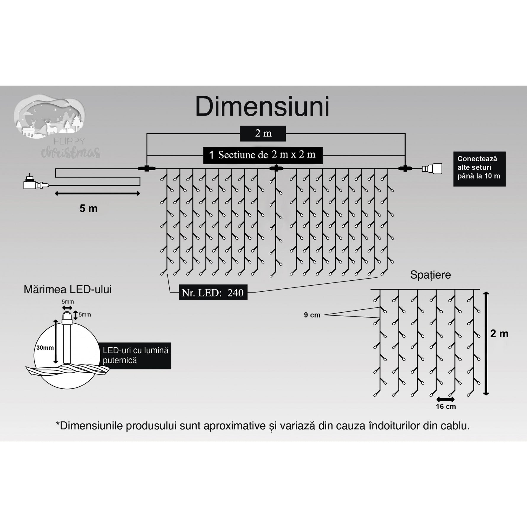 Instalatie Craciun, Tip Perdea, IP44, 2 m x 2 m, 240 LED-uri, Alb cald, cu flash, Transformator, Interconectabila,