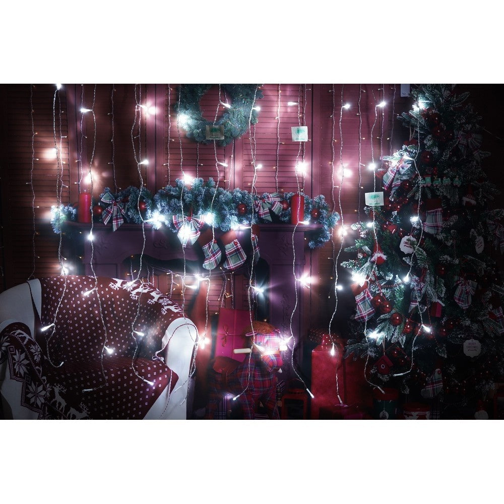 Instalatie Craciun, Tip Perdea, IP44, 3 m x 1 m, 180 LED-uri, Alb rece, cu flash, Transformator cu telecomanda,
