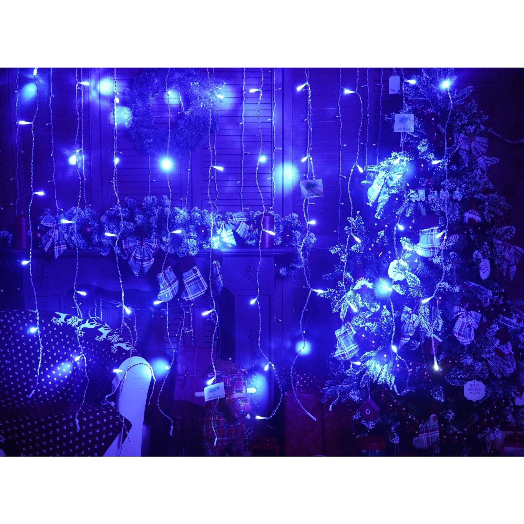Instalatie Craciun, Tip Perdea, IP44, 4 m x 1 m, 240 LED-uri, Albastru, cu flash, Transformator, Interconectabila,