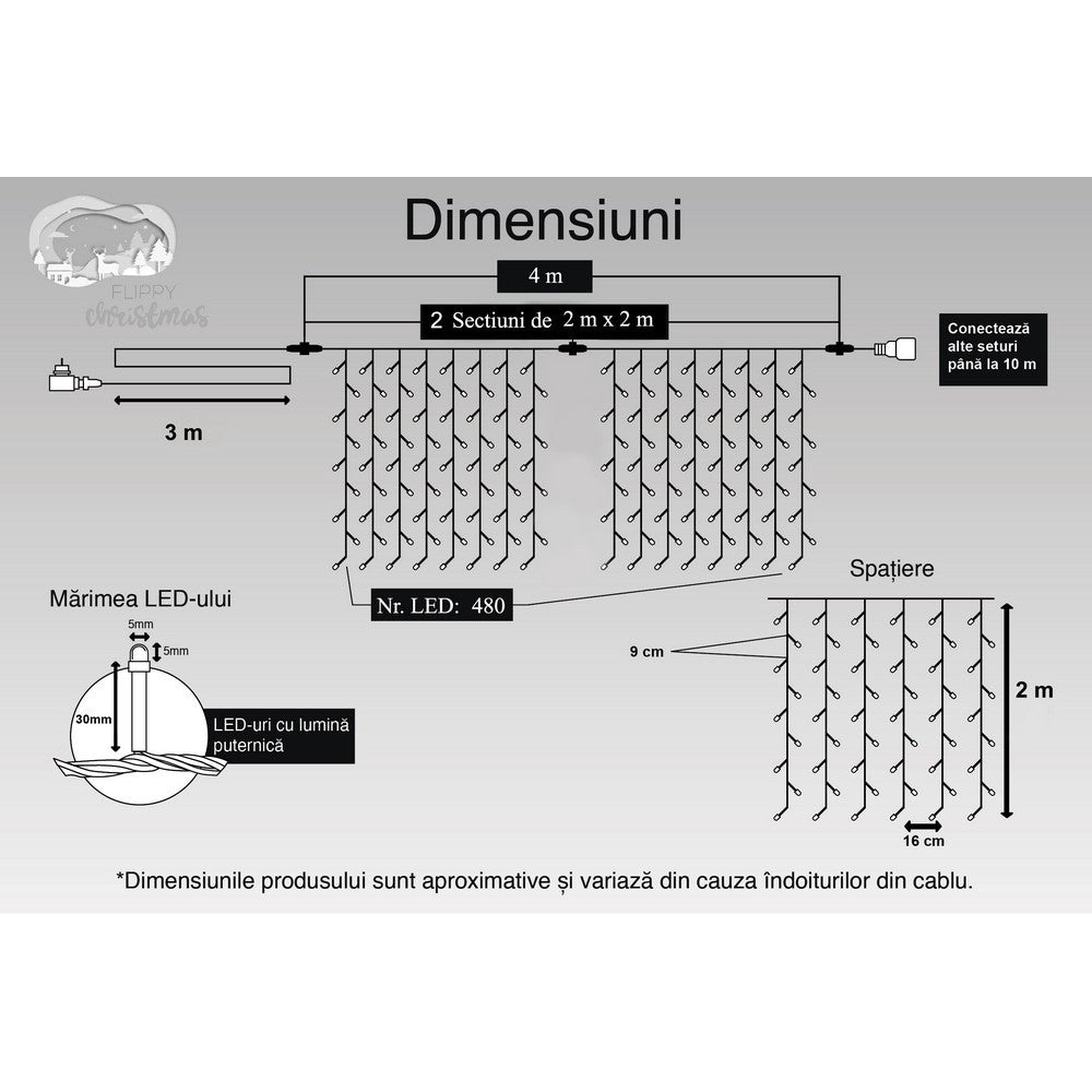 Instalatie Craciun, Tip Perdea, IP44, 4 m x 2 m, 480 LED-uri, Alb cald, cu flash, Transformator, Interconectabila,