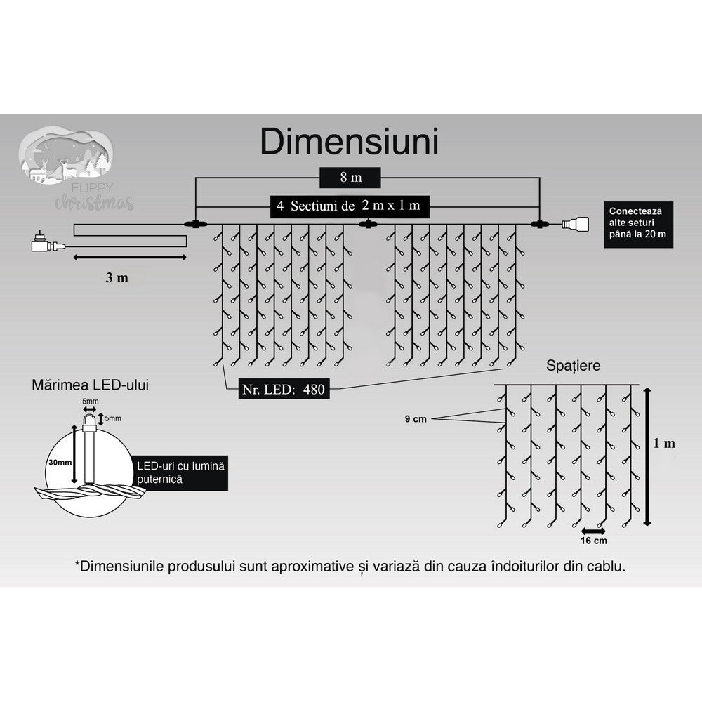 Instalatie Craciun, Tip Perdea, IP44, 8 m x 1 m, 480 LED-uri, Albastru, 8 jocuri de lumini, Transformator cu