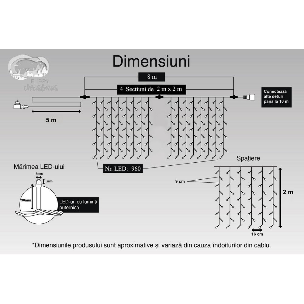 Instalatie Craciun, Tip Perdea, IP44, 8 m x 2 m, 960 LED-uri, Alb cald, cu flash, Transformator, Interconectabila,