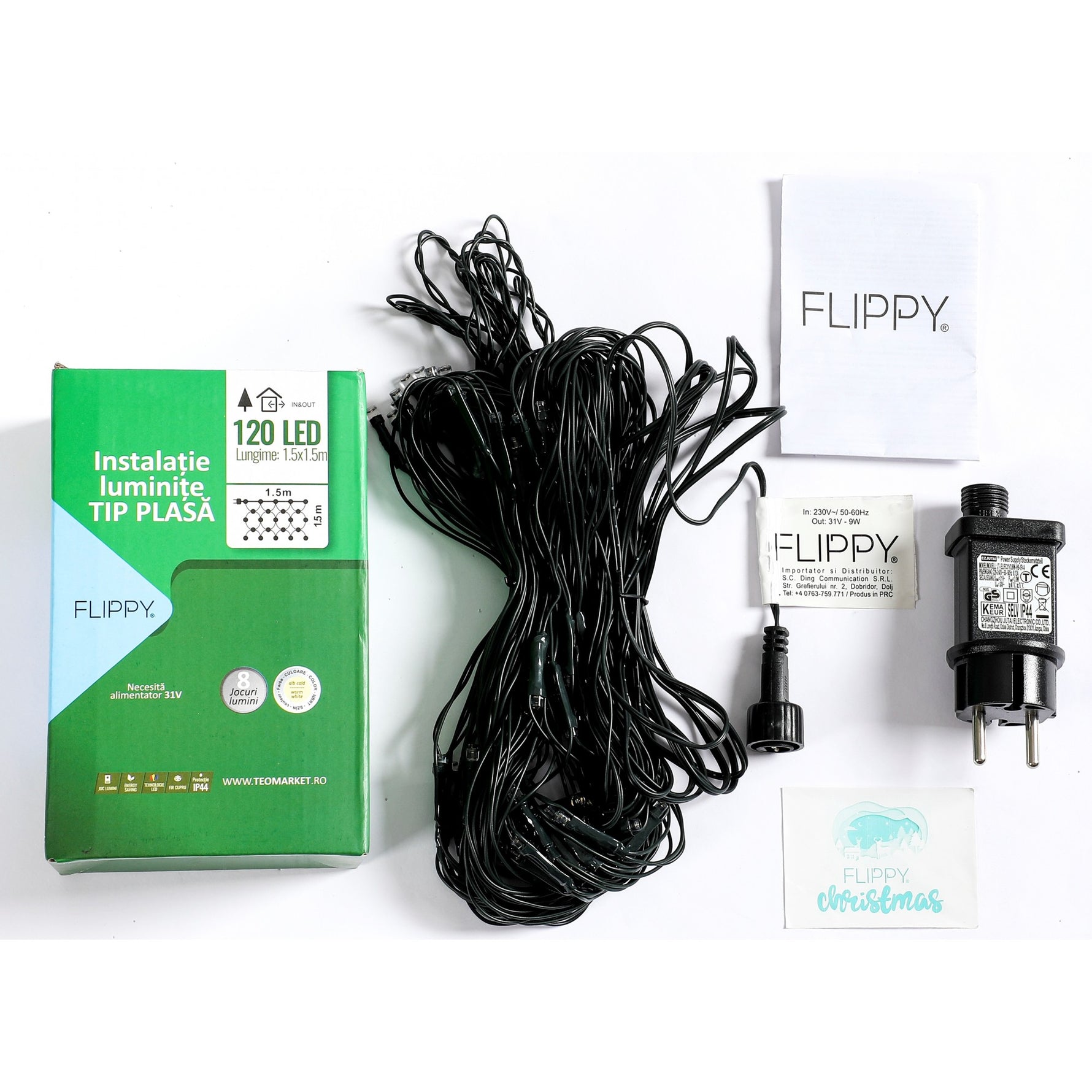 Instalatie Craciun tip plasa, cu transformator 31V, 1.5 m x 1.5 m, Alb Cald, 120 LED-uri V5, 8 jocuri de lumini, fir