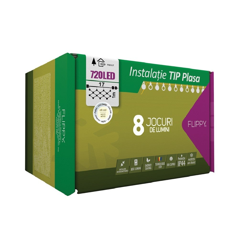 Instalatie Craciun, Tip Plasa, IP 44, 17 x 1 m, 720 LED-uri, Alb cald, 8 jocuri de lumini, Transformator cu