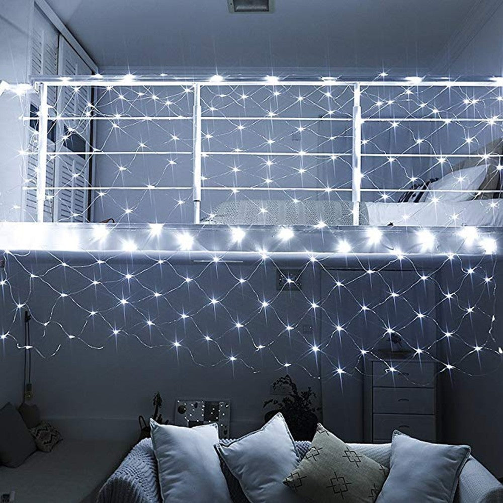Instalatie Craciun, Tip Plasa, IP 44, 27 x 1 m, 1200 LED-uri, Alb rece, 8 jocuri de lumini, Transformator fara