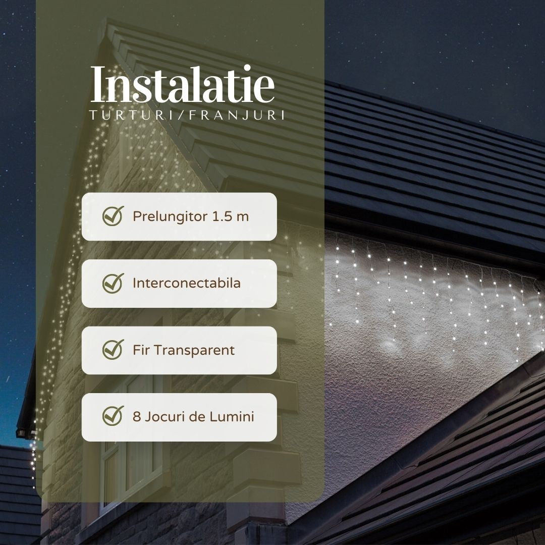 Instalatie Craciun Yoto, Tip Franjuri/Turturi, 12 m, 300 LED-uri, Prelungitor 1.5 m, 8 Jocuri de Lumini,