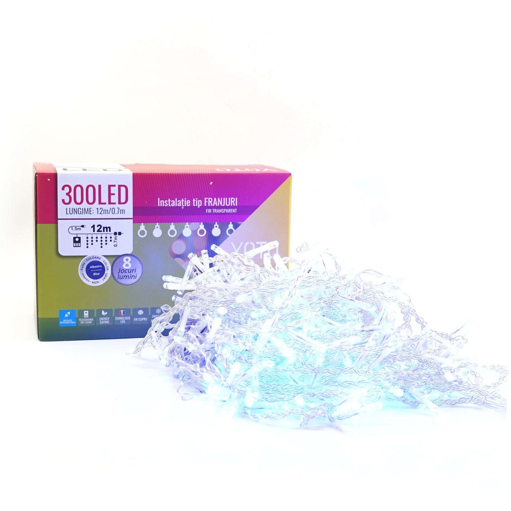 Instalatie Craciun Yoto, Tip Franjuri/Turturi, 12 m, 300 LED-uri, Prelungitor 1.5 m, 8 Jocuri de Lumini,