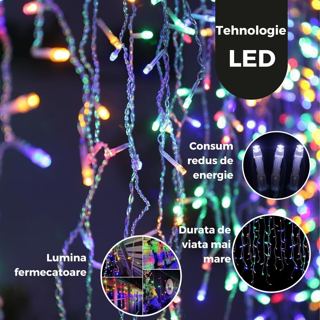 Instalatie Craciun Yoto, Tip Franjuri/Turturi, 4 m, 120 LED-uri, Prelungitor 1.5 m, 8 Jocuri de Lumini,