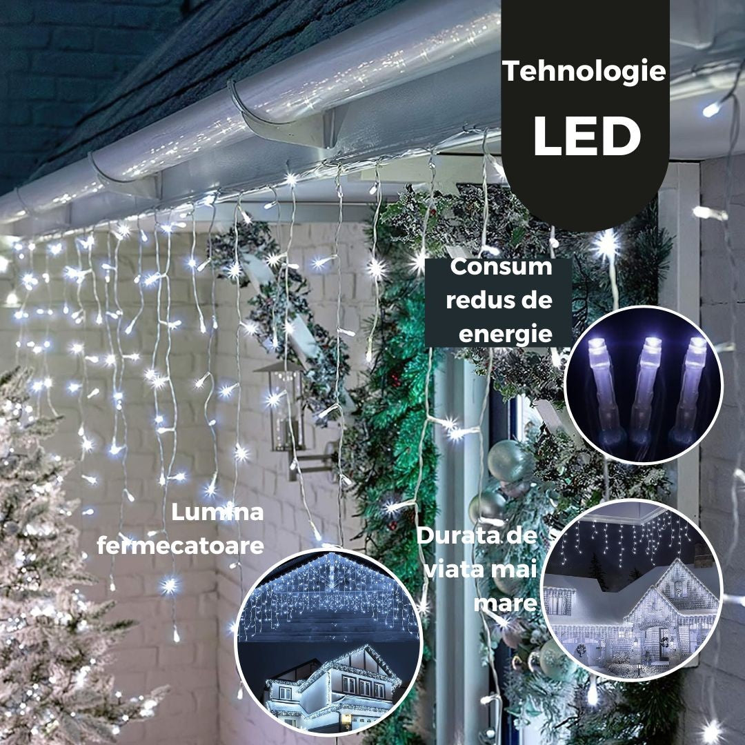 Instalatie Craciun Yoto, Tip Franjuri/Turturi, 4 m, 120 LED-uri, Prelungitor 1.5 m, 8 Jocuri de Lumini,