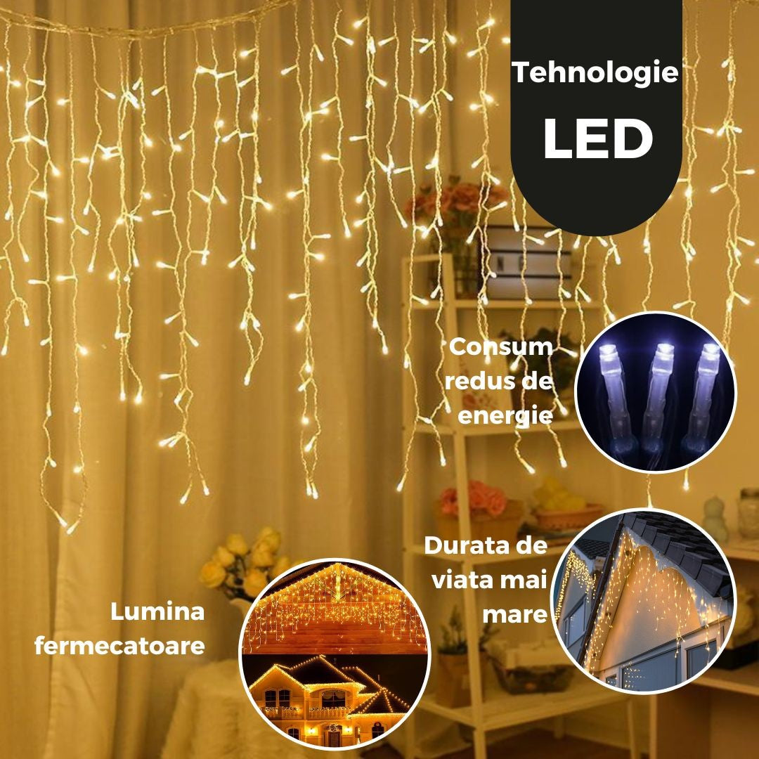 Instalatie Craciun Yoto, Tip Franjuri/Turturi, 4 m, 120 LED-uri, Prelungitor 1.5 m, 8 Jocuri de Lumini,