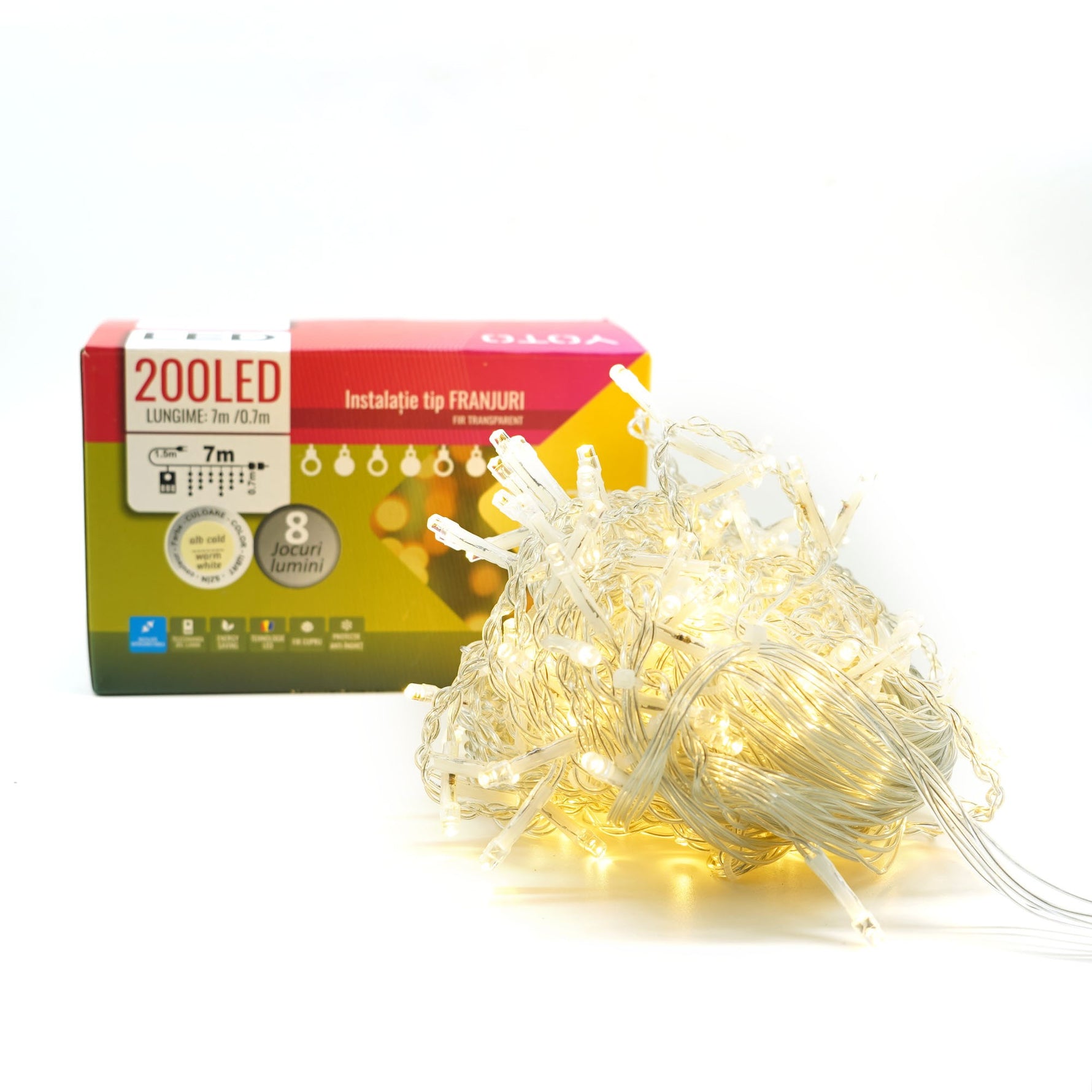 Instalatie Craciun Yoto, Tip Franjuri/Turturi, 7 m, 200 LED-uri, Prelungitor 1.5 m, 8 Jocuri de Lumini,