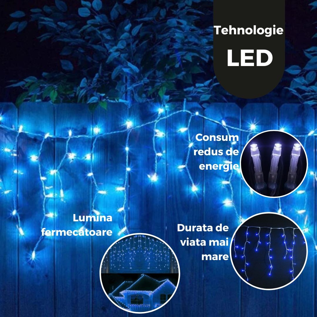 Instalatie Craciun Yoto, Tip Franjuri/Turturi, 7 m, 200 LED-uri, Prelungitor 1.5 m, 8 Jocuri de Lumini,