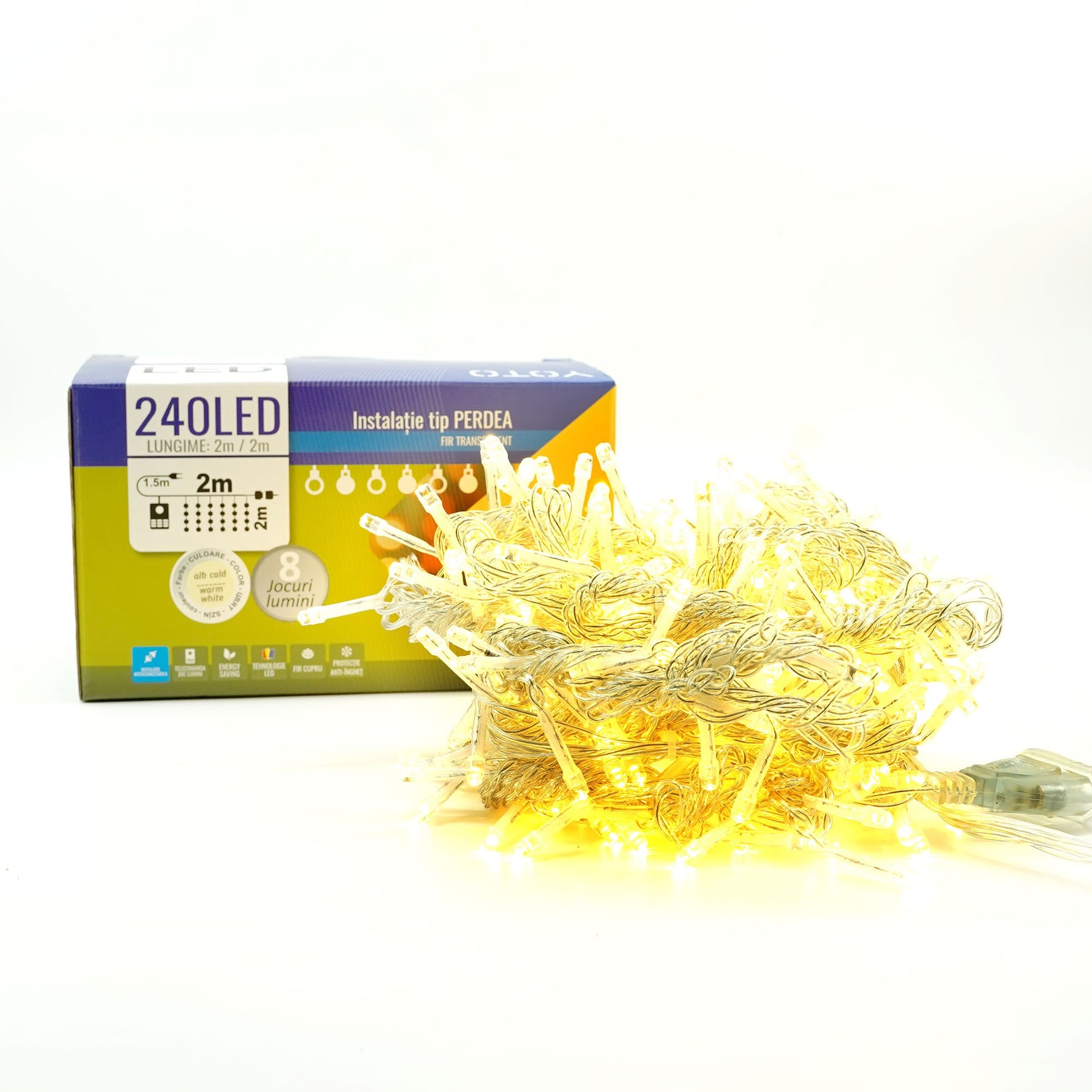 Instalatie Craciun Yoto, Tip Perdea, 2 m x 2 m, 240 LED-uri, Prelungitor 1.5 m, 8 Jocuri de Lumini, Interconectabila,