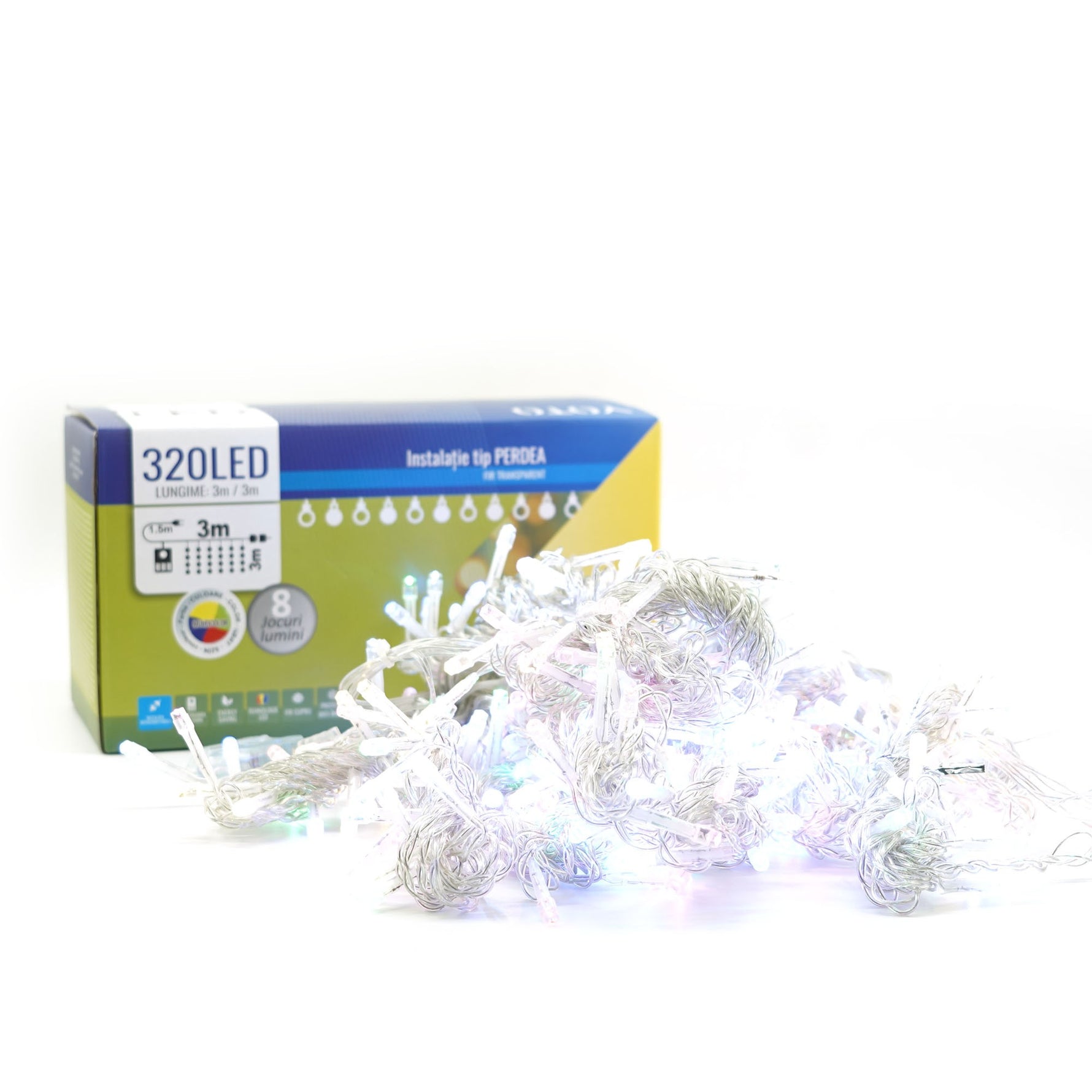 Instalatie Craciun Yoto, Tip Perdea, 3 m x 3 m, 320 LED-uri, Prelungitor 1.5 m, 8 Jocuri de Lumini, Interconectabila,