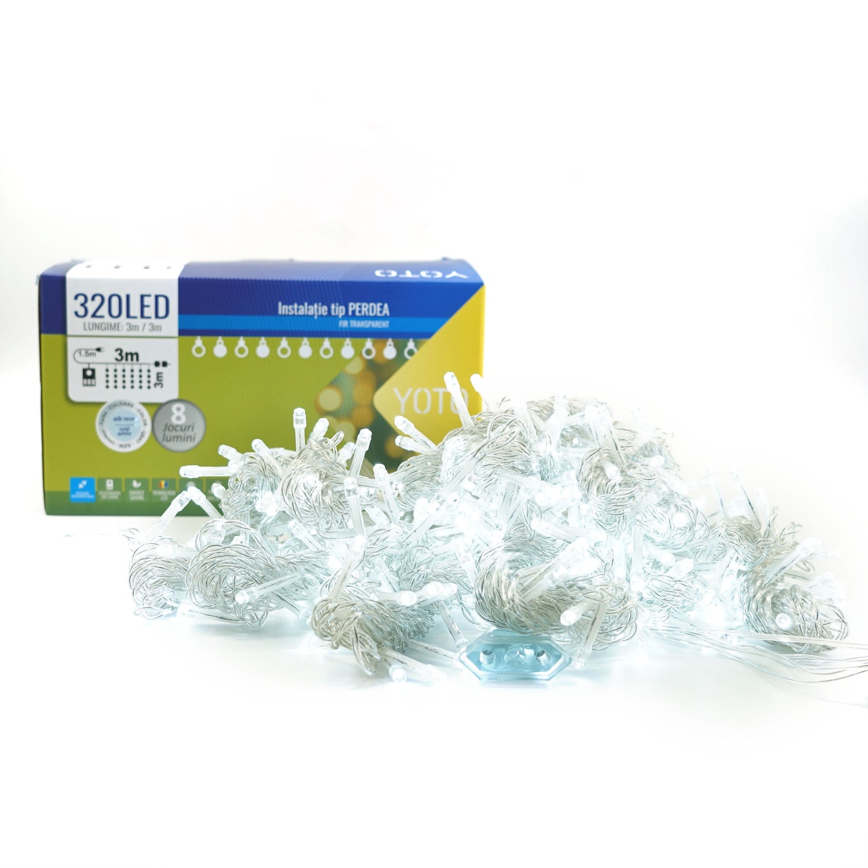 Instalatie Craciun Yoto, Tip Perdea, 3 m x 3 m, 320 LED-uri, Prelungitor 1.5 m, 8 Jocuri de Lumini, Interconectabila,