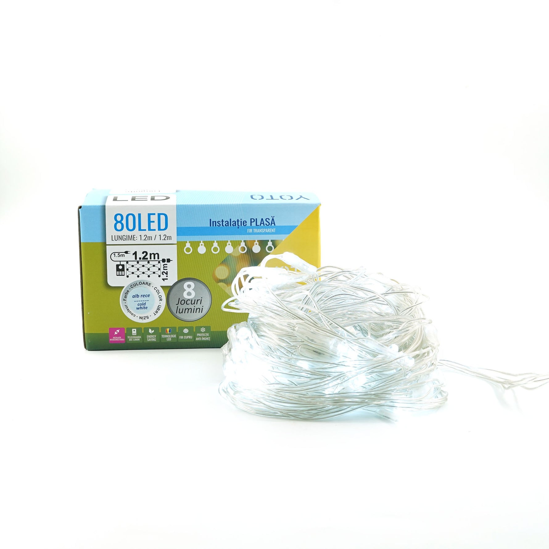 Instalatie Craciun Yoto, Tip Plasa, 1.2 m x 1.2 m, 80 LED-uri, Prelungitor 1.5 m, 8 Jocuri de Lumini, Interconectabila,