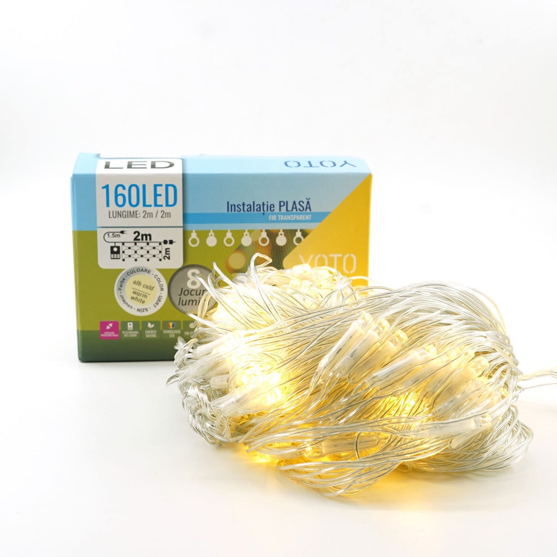 Instalatie Craciun Yoto, Tip Plasa, 2 m x 2 m, 160 LED-uri, Prelungitor 1.5 m, 8 Jocuri de Lumini, Interconectabila,