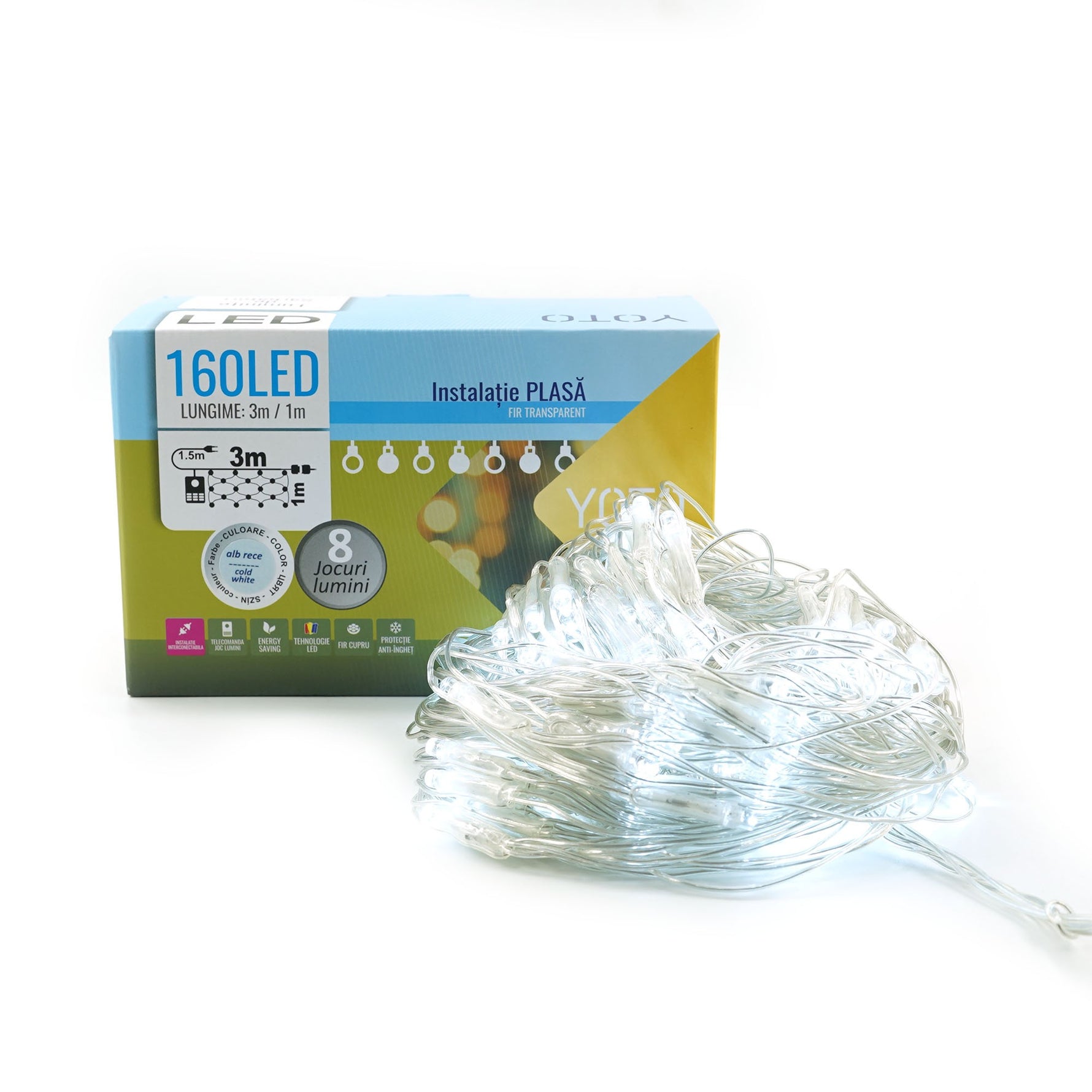Instalatie Craciun Yoto, Tip Plasa, 3 m x 1 m, 160 LED-uri, Prelungitor 1.5 m, 8 Jocuri de Lumini, Interconectabila,