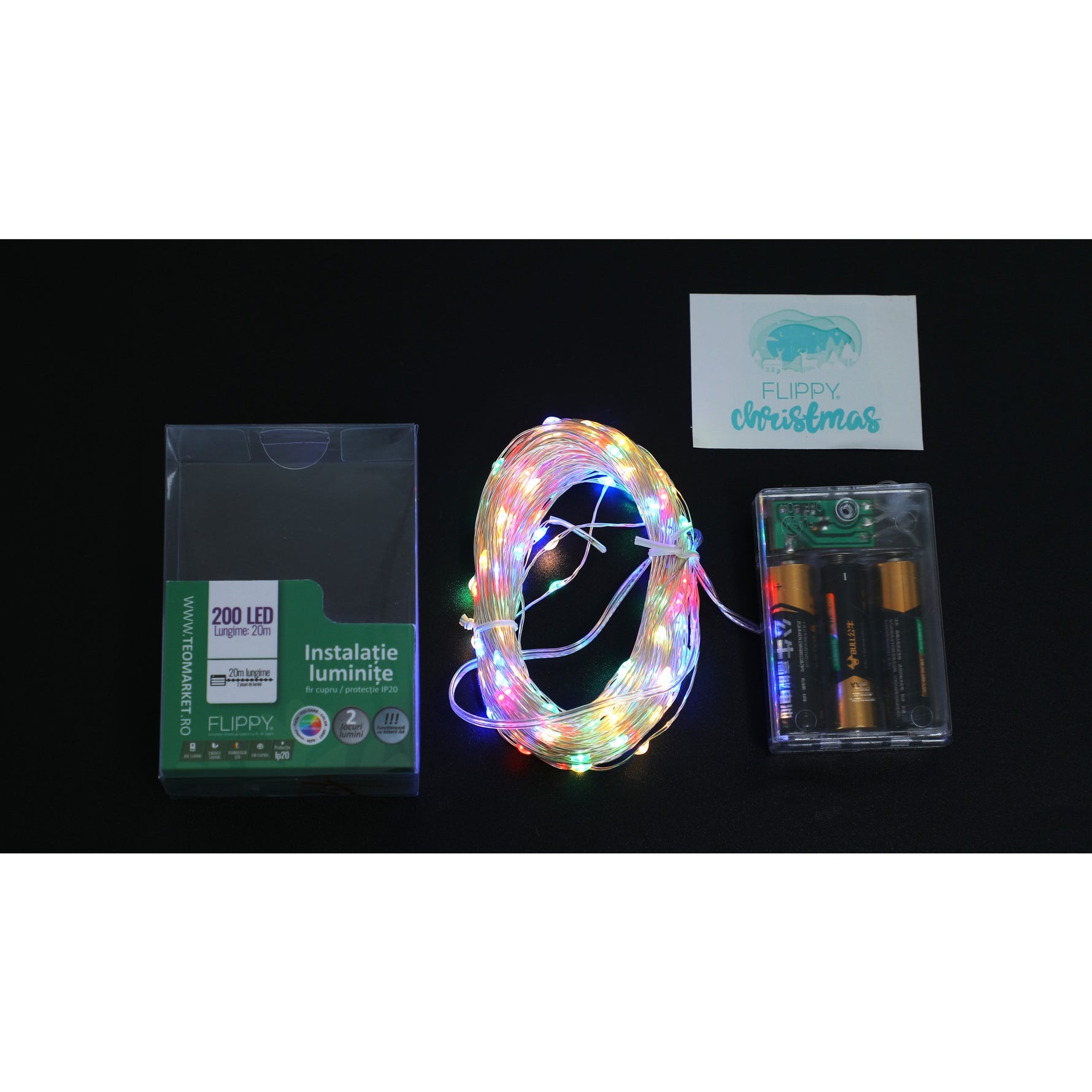 Instalatie de Craciun, Liniara, 20 m, Baterii, 200 LED-uri, Multicolor, 2 Jocuri de Lumini, Fir Cupru,