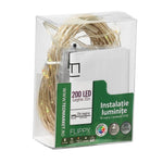 Instalatie de Craciun, Liniara, 20 m, Baterii, 200 LED-uri, Multicolor, 2 Jocuri de Lumini, Fir Cupru,