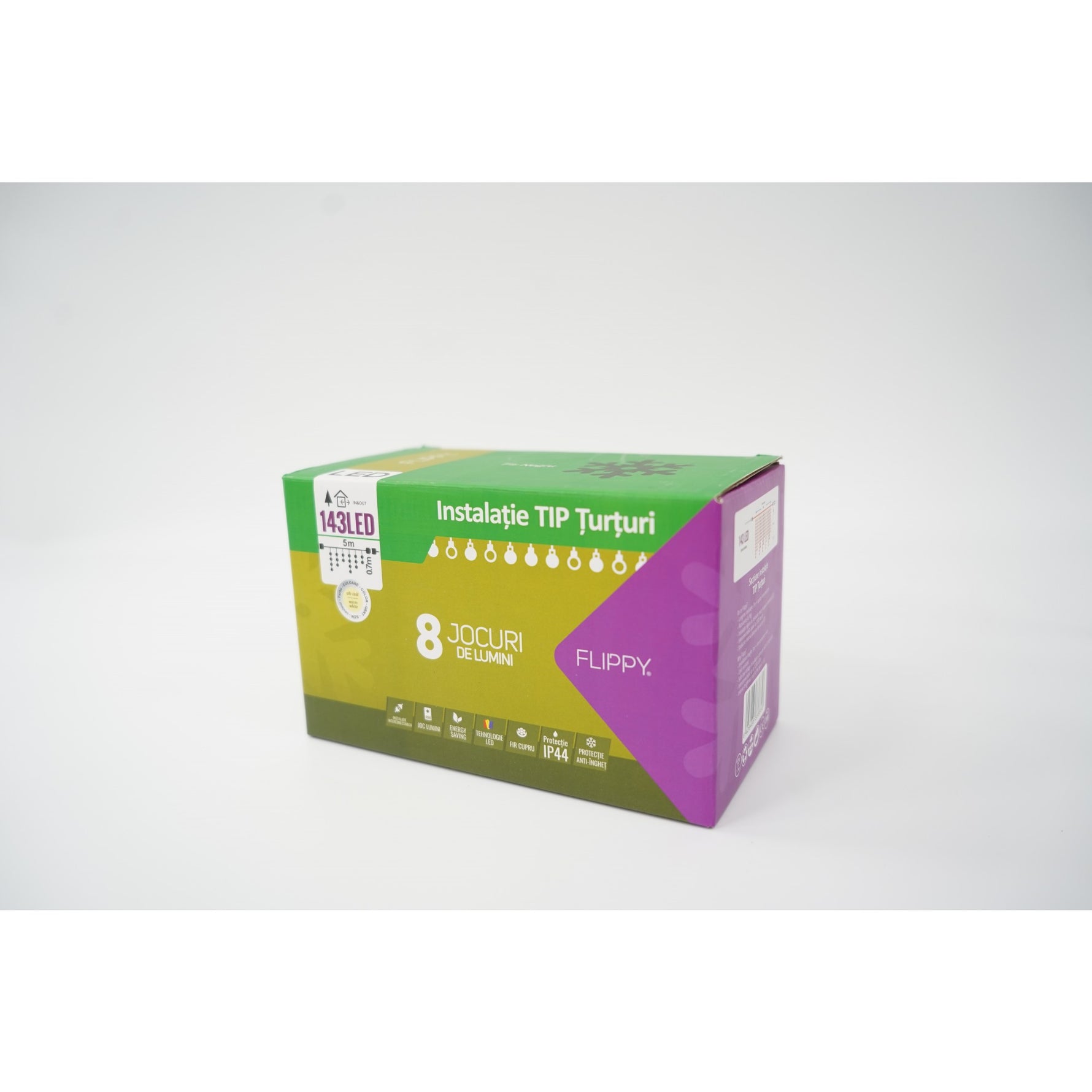 Sectiune Instalatie de Craciun, Flippy®, Tip Turturi, Fara Alimentator, 5m, 143 LED-uri, 8 Jocuri de Lumini, Fir Negru,