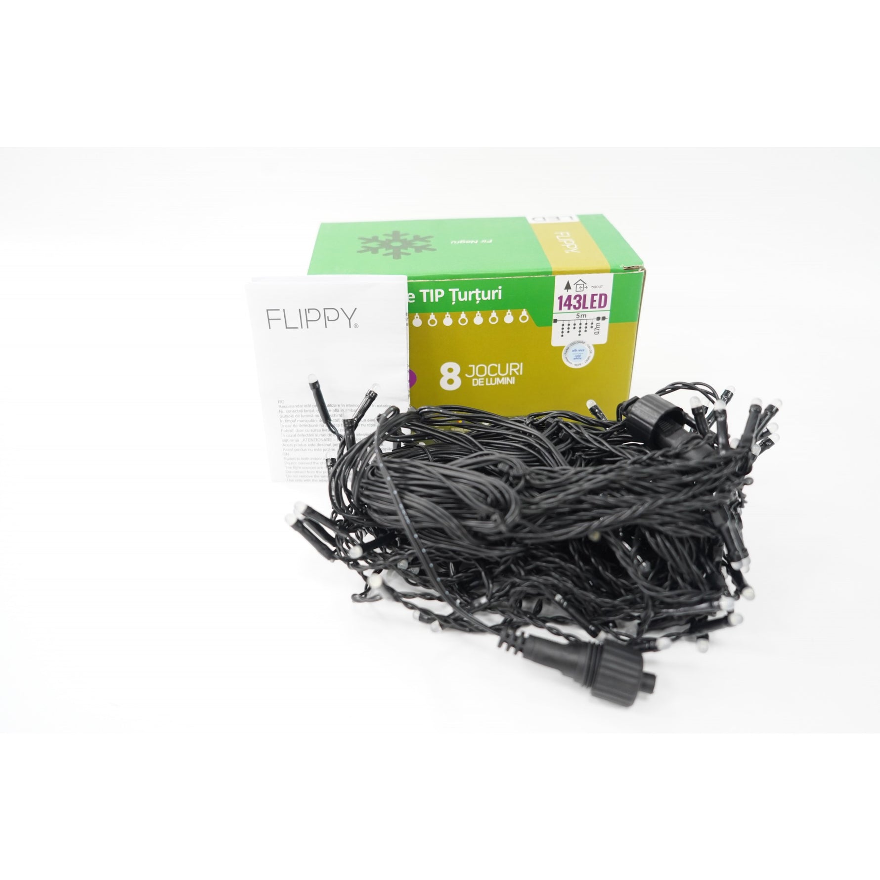 Instalatie de Craciun Flippy® Tip Franjuri, 8 jocuri de lumini, Sectiune 5 m, 143 LED-uri, Interconectabila, Fir Negru,