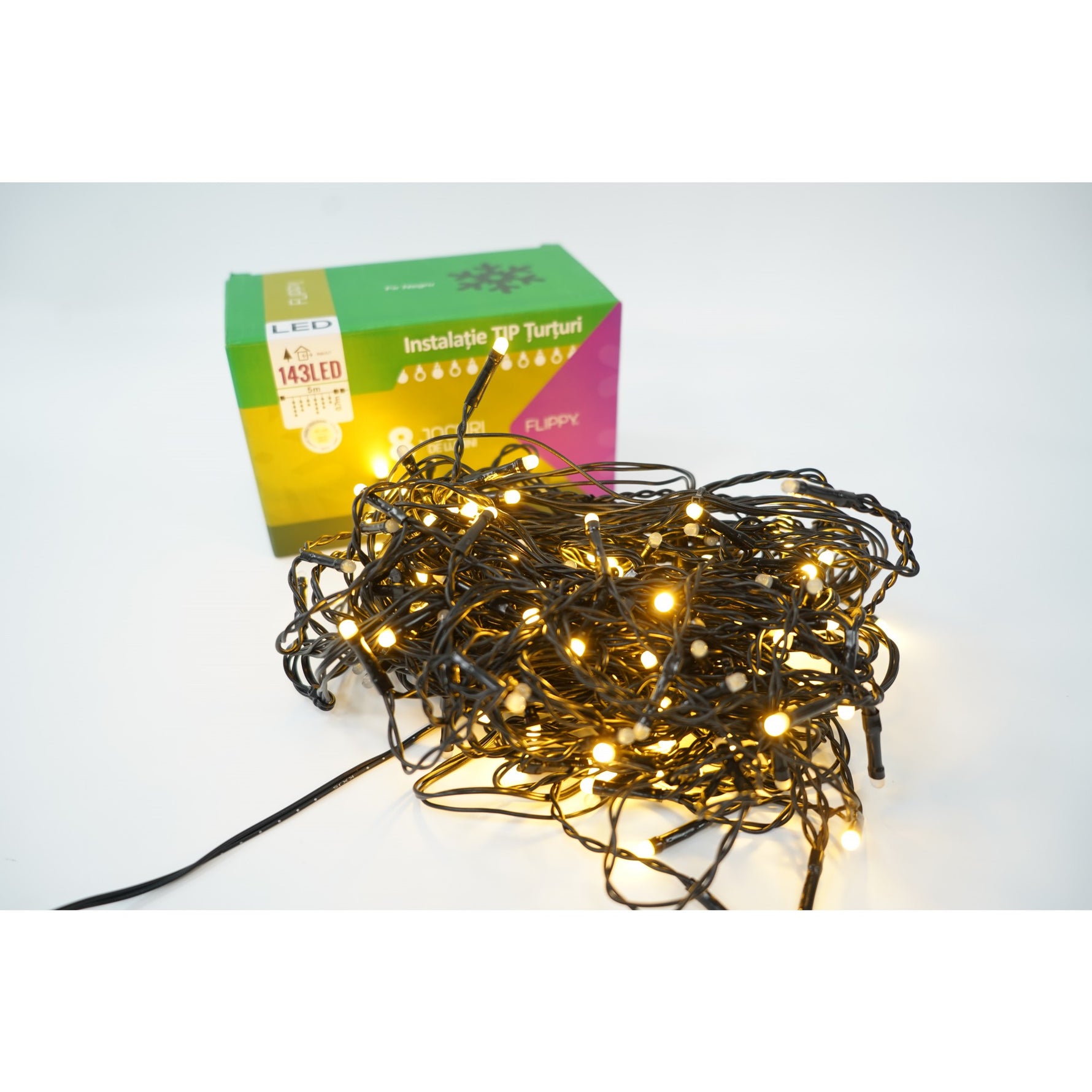 Sectiune Instalatie de Craciun, Flippy®, Tip Turturi, Fara Alimentator, 5m, 143 LED-uri, 8 Jocuri de Lumini, Fir Negru,