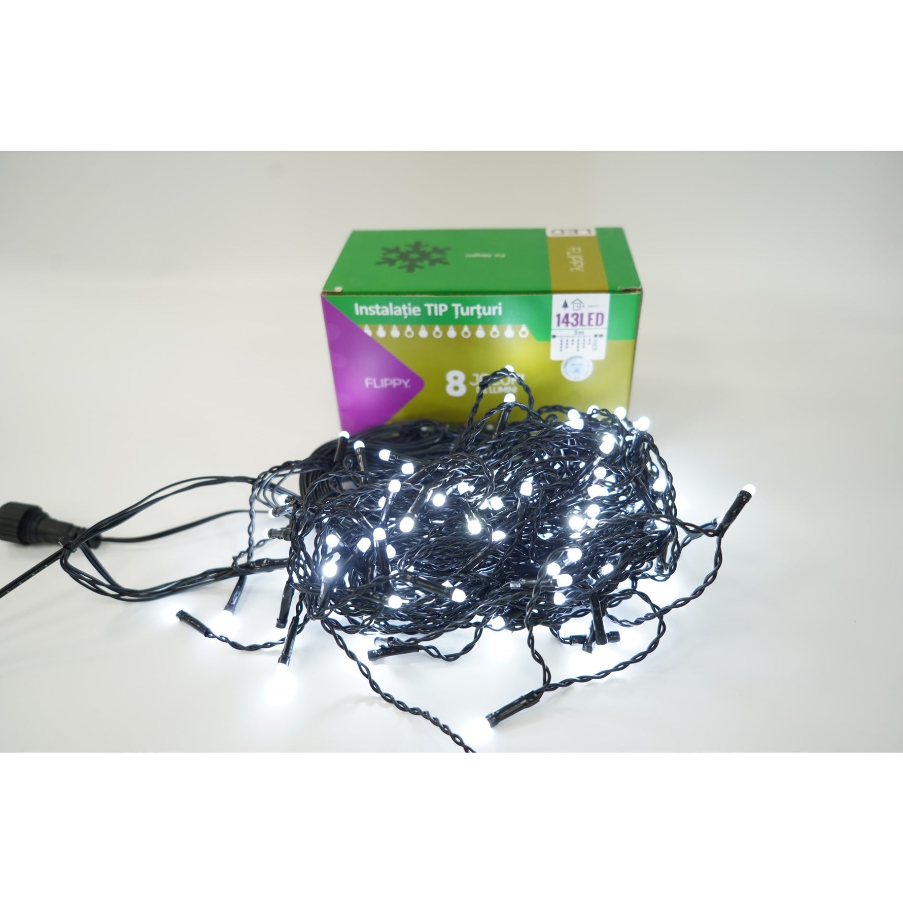 Instalatie de Craciun Flippy® Tip Franjuri, 8 jocuri de lumini, Sectiune 5 m, 143 LED-uri, Interconectabila, Fir Negru,