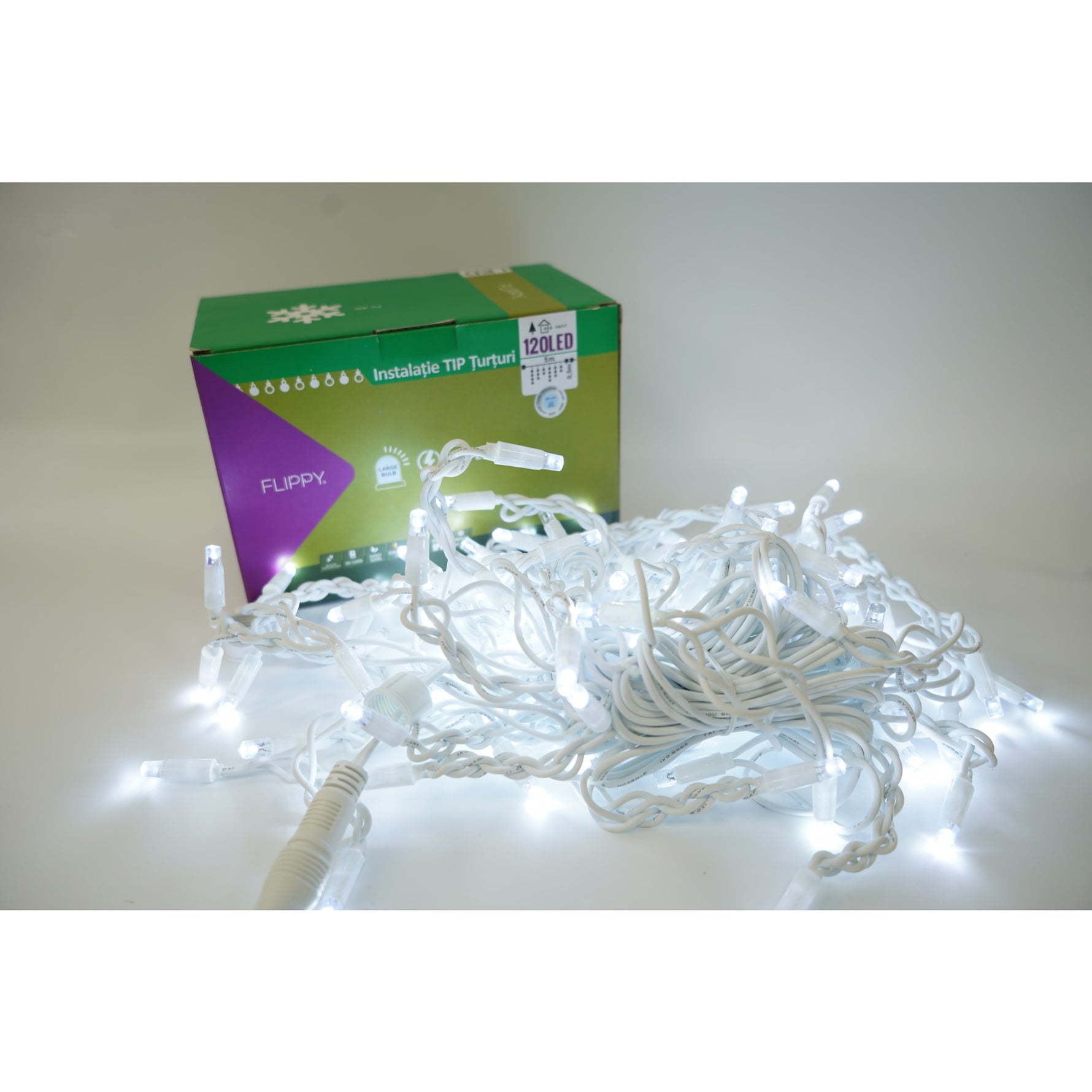 Instalatie de Craciun Flippy® Tip Franjuri cu Flash, IP65, Sectiune 5 m, 120 LED-uri, Interconectabila, Fir Alb, Alb