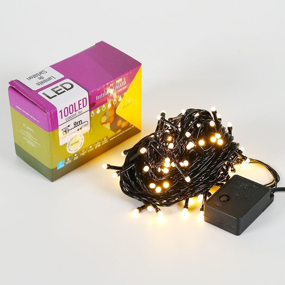Instalatie de Craciun, Flippy®, Tip Liniara, Fir Negru, 9 m, 100 LED-uri, Interconectabila, Alb Cald