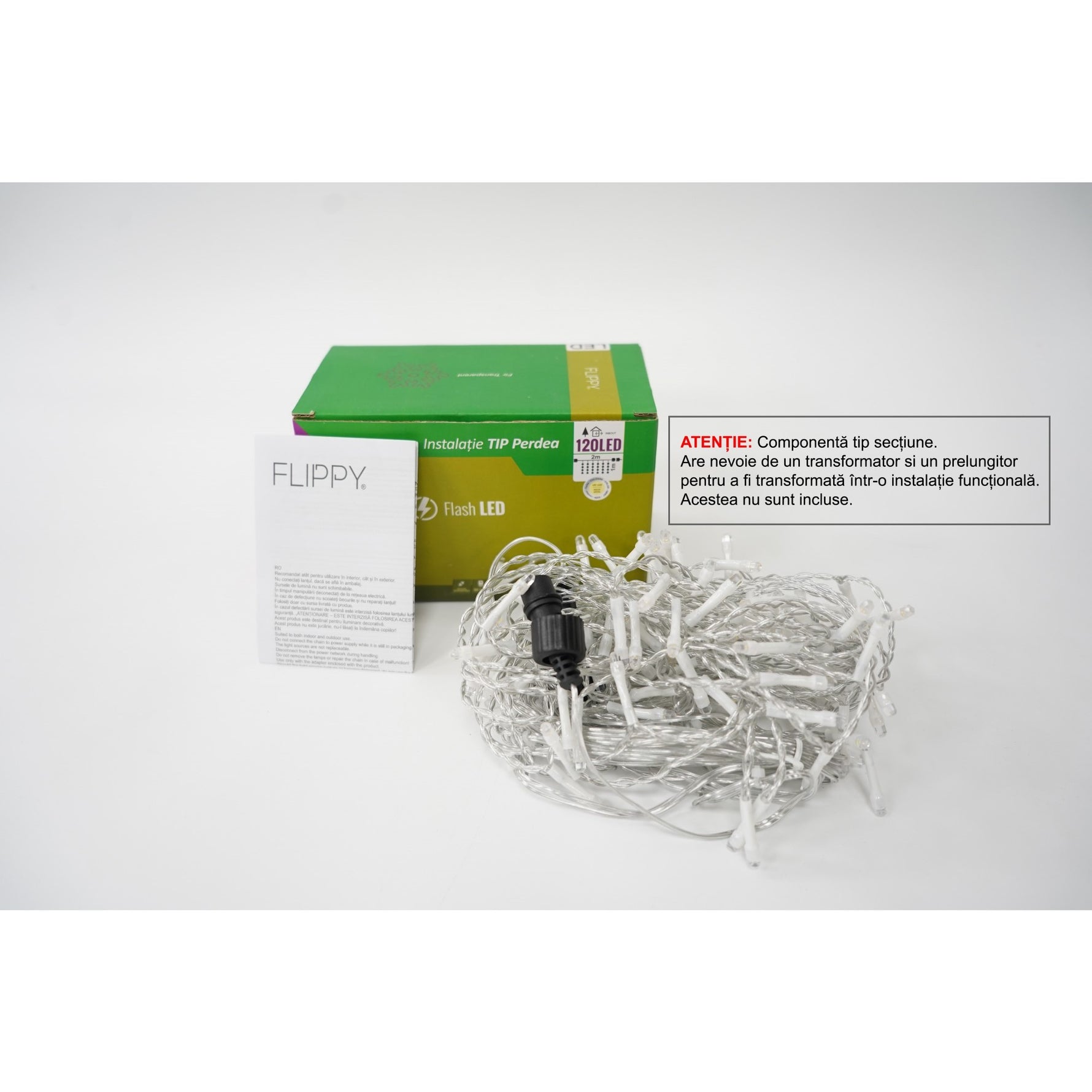 Instalatie de Craciun Flippy® Tip Perdea cu Flash, Sectiune 2 X 1 m, 120 LED-uri, Interconectabila, Fir Transparent,