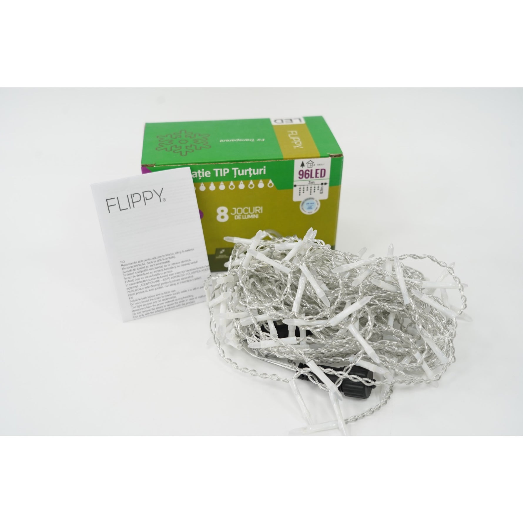 Instalatie de Craciun Flippy® Tip Turturi, 8 jocuri de lumini Sectiune 3 m, 96 LED-uri, Interconectabila, Fir