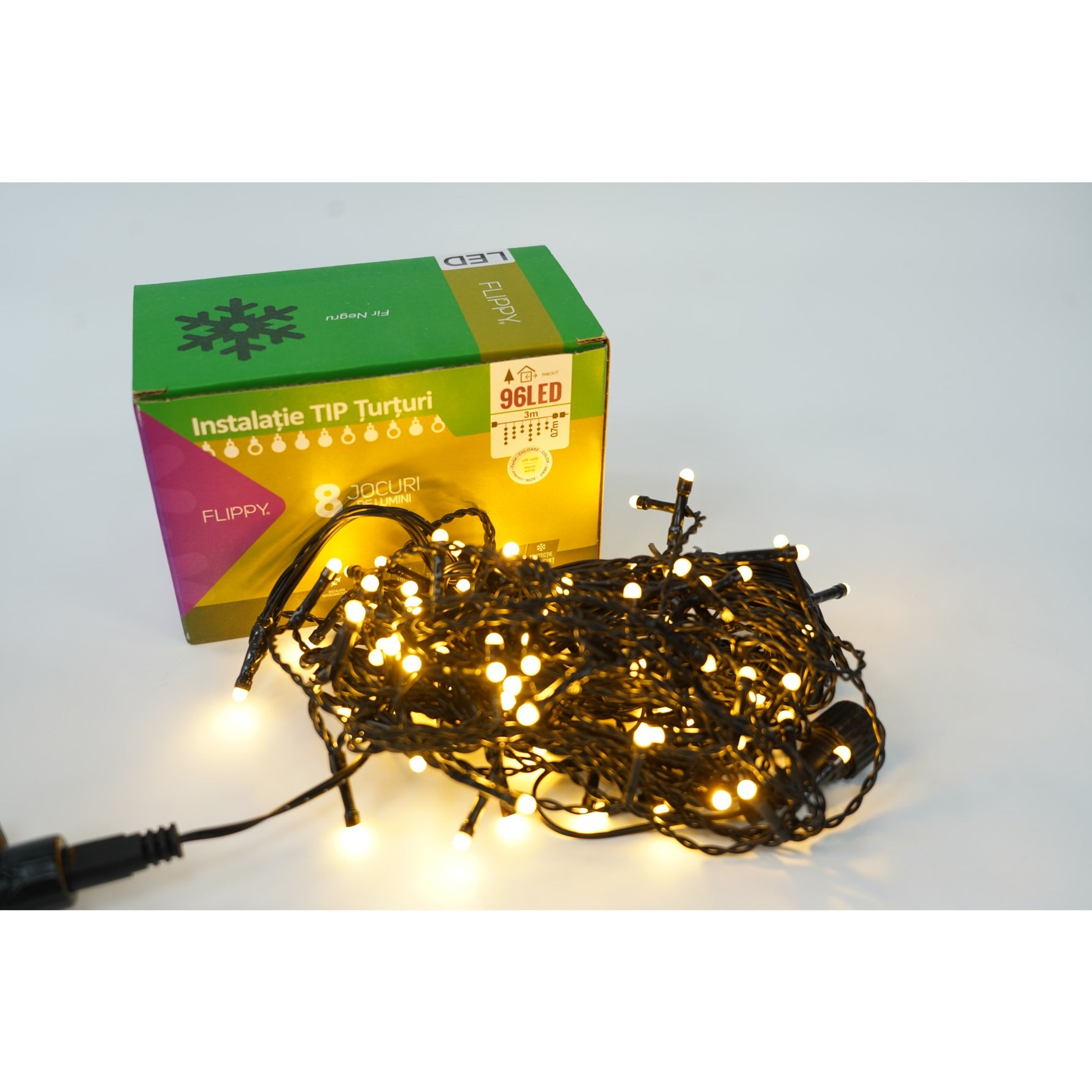 Instalatie de Craciun Flippy® Tip Turturi, 8 jocuri de lumini Sectiune 3 m, 96 LED-uri, Interconectabila, Fir Negru,