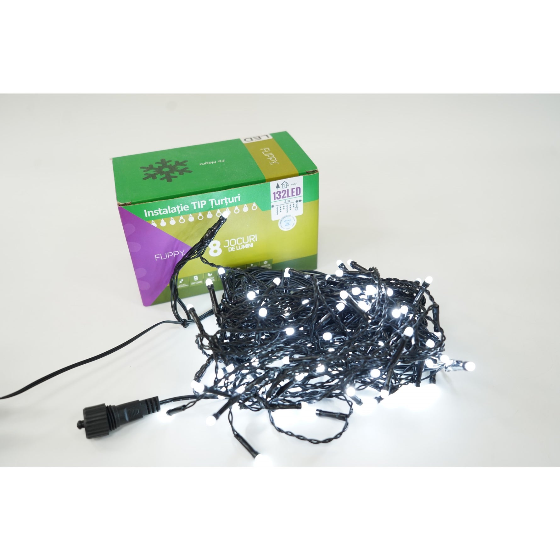 Instalatie de Craciun Flippy® Tip Turturi, 8 jocuri de lumini Sectiune 4 m, 132 LED-uri, Interconectabila, Fir Negru,