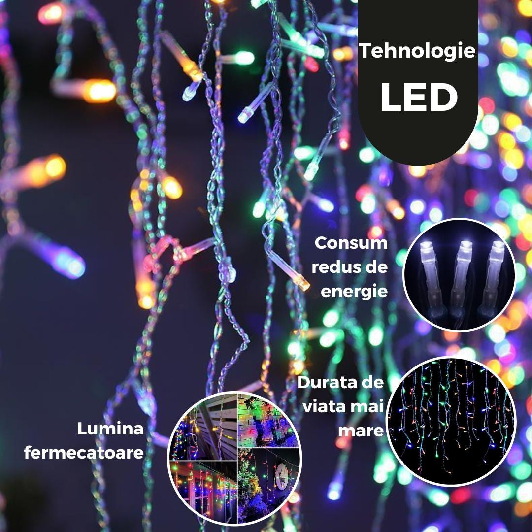 Instalatie de Craciun, Flippy®, Tip Turturi, Sectiune 5 m, 143 LED-uri, 8 Jocuri de Lumini, Fir Negru, Lumina