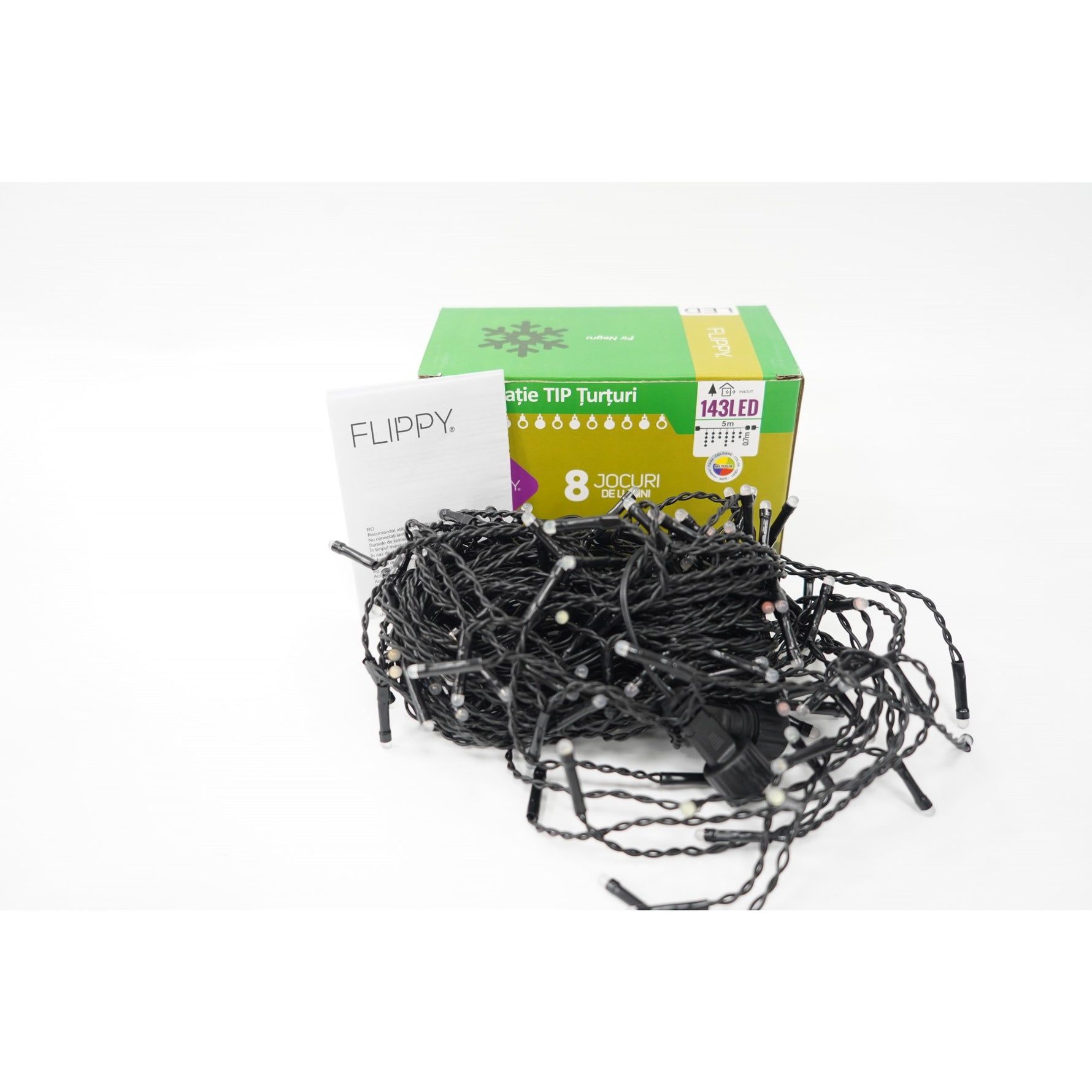 Instalatie de Craciun, Flippy®, Tip Turturi, Sectiune 5 m, 143 LED-uri, 8 Jocuri de Lumini, Fir Negru, Lumina