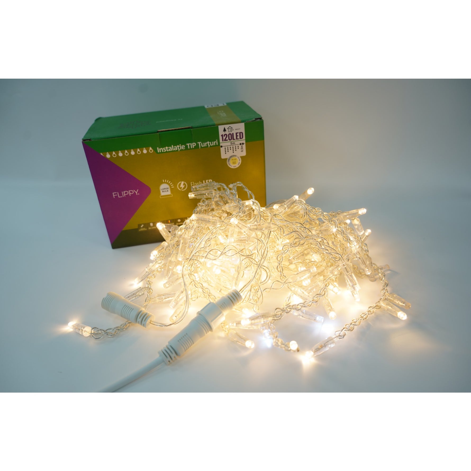 Instalatie de Craciun Flippy® Tip Turturi, Franjuri cu Flash, IP65, Sectiune 5 m, 120 LED-uri, Interconectabila, Fir