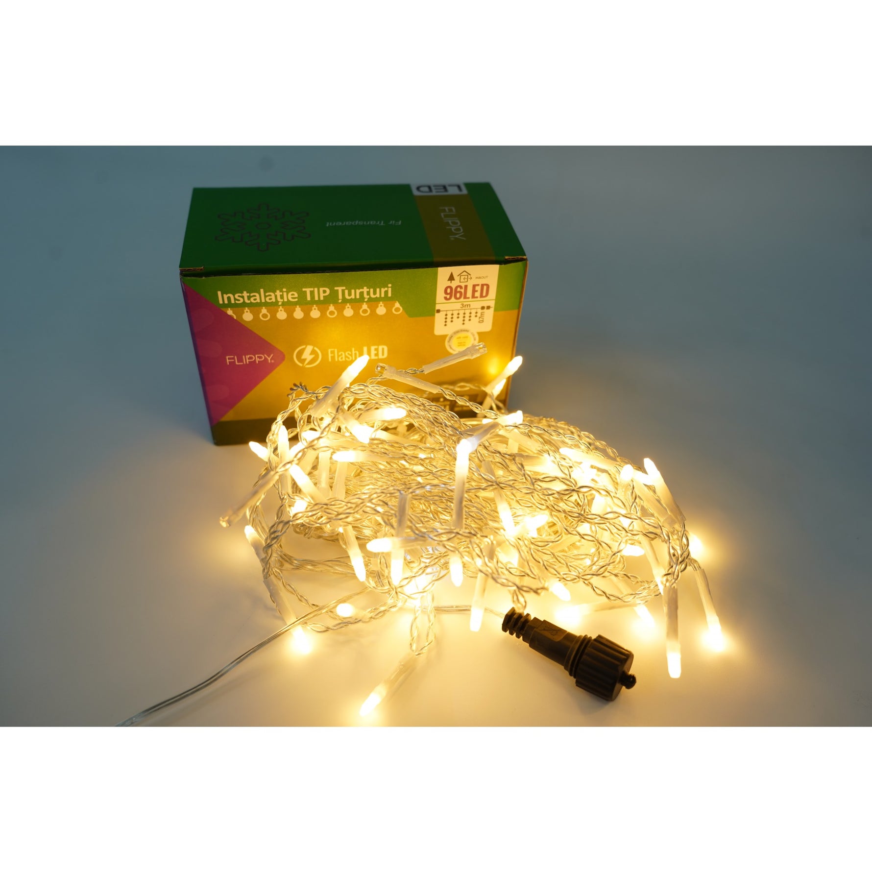 Instalatie de Craciun Flippy® Tip Turturi, Franjuri cu Flash, Sectiune 3 m, 96 LED-uri, Interconectabila, Fir