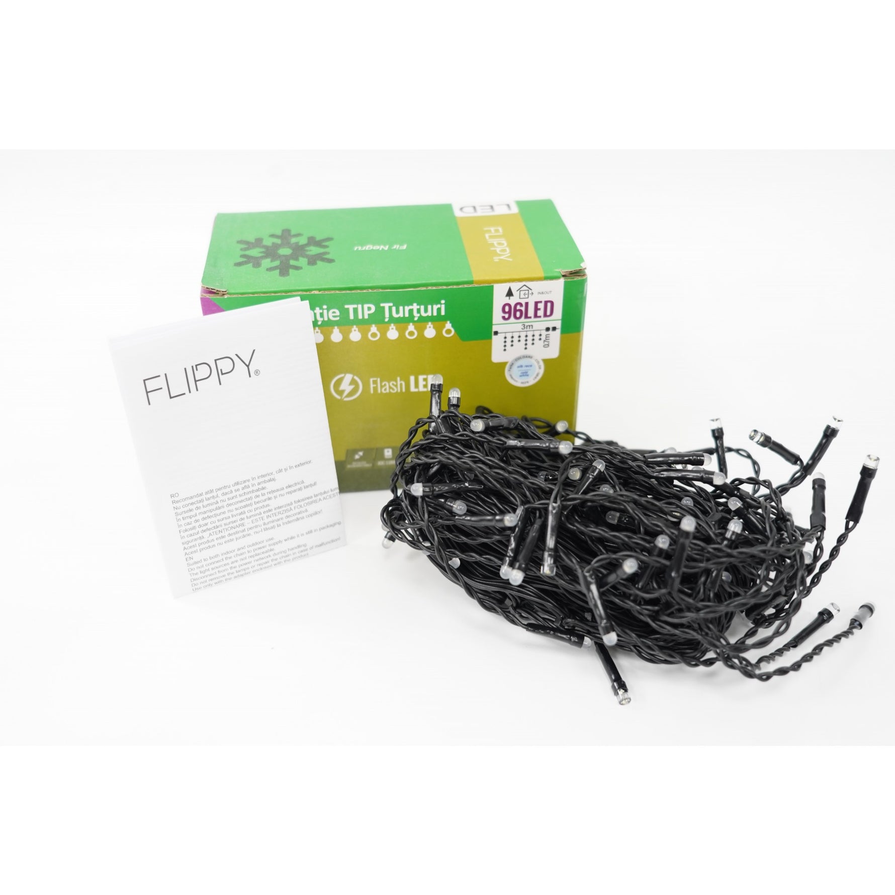 Instalatie de Craciun Flippy® Tip Turturi, Franjuri cu Flash, Sectiune 3 m, 96 LED-uri, Interconectabila, Fir Negru,