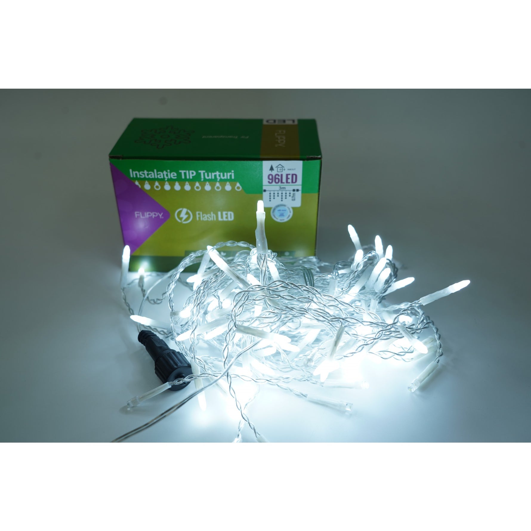 Instalatie de Craciun Flippy® Tip Turturi, Franjuri cu Flash, Sectiune 3 m, 96 LED-uri, Interconectabila, Fir