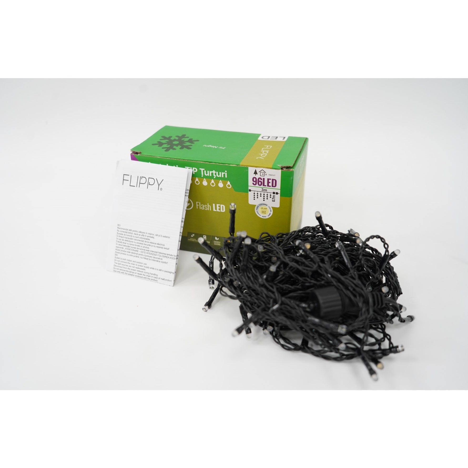 Instalatie de Craciun Flippy® Tip Turturi, Franjuri cu Flash, Sectiune 3 m, 96 LED-uri, Interconectabila, Fir Negru,