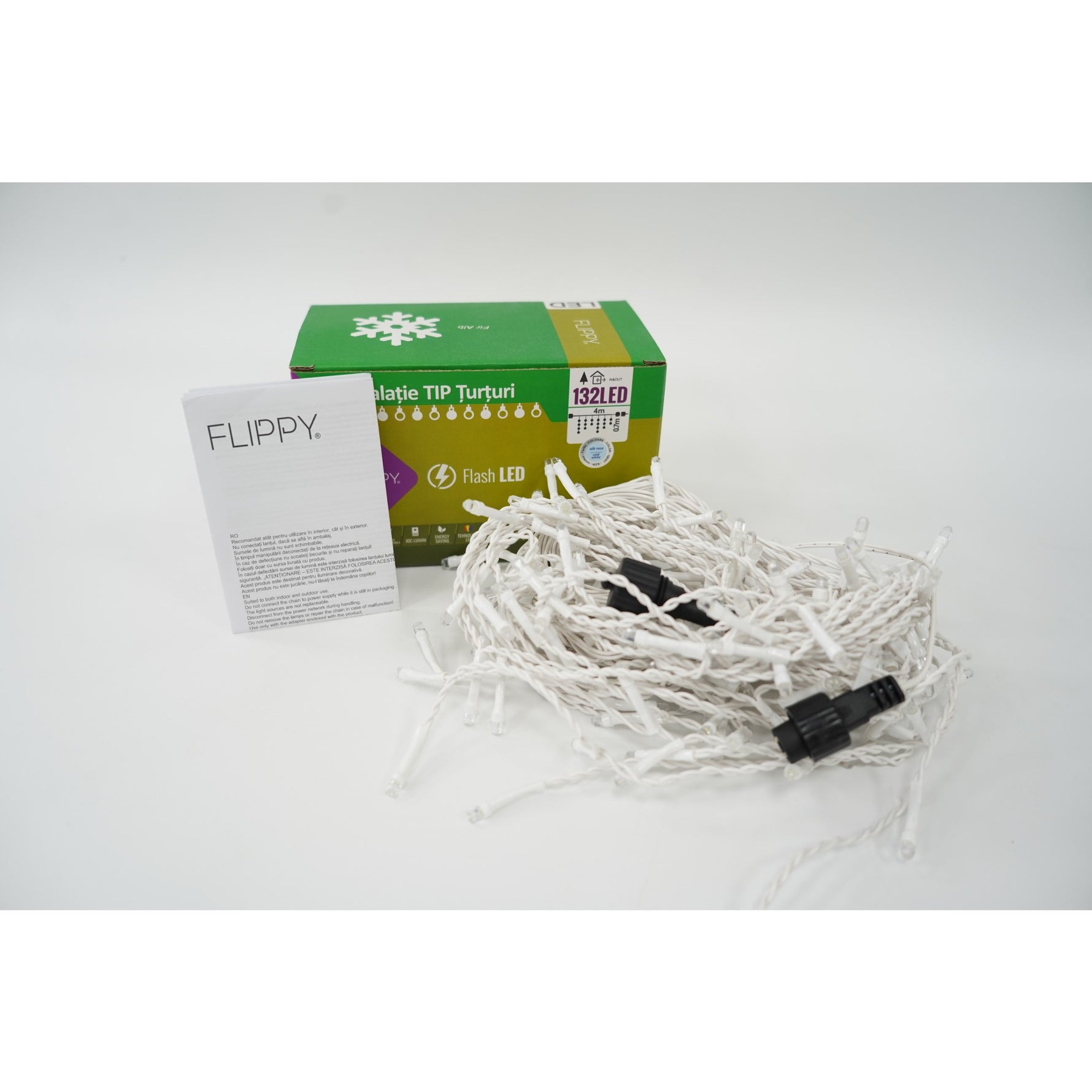 Instalatie de Craciun Flippy® Tip Turturi, Franjuri cu Flash, Sectiune 4 m, 132 LED-uri, Interconectabila, Fir Alb, Alb
