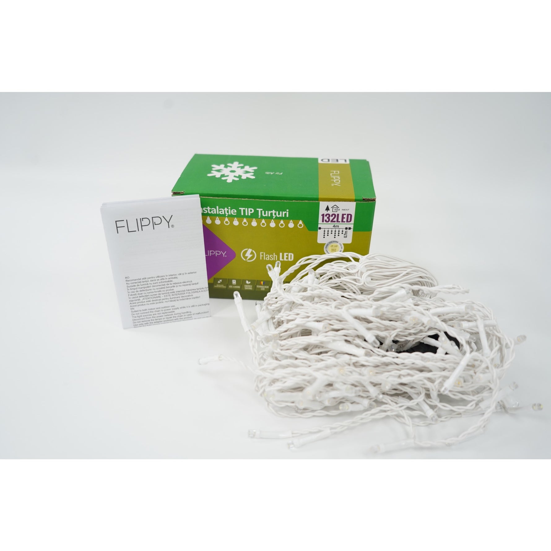 Instalatie de Craciun Flippy® Tip Turturi, Franjuri cu Flash, Sectiune 4 m, 132 LED-uri, Interconectabila, Fir Alb, Alb