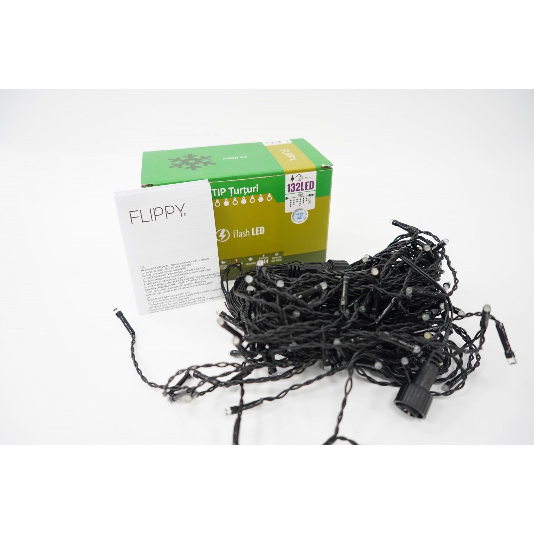 Instalatie de Craciun Flippy® Tip Turturi, Franjuri cu Flash, Sectiune 4 m, 132 LED-uri, Interconectabila, Fir Negru,