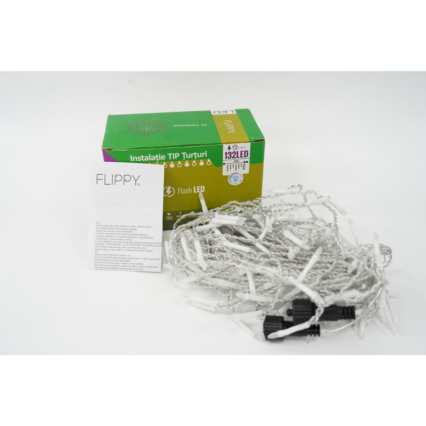 Instalatie de Craciun Flippy® Tip Turturi, Franjuri cu Flash, Sectiune 4 m, 132 LED-uri, Interconectabila, Fir