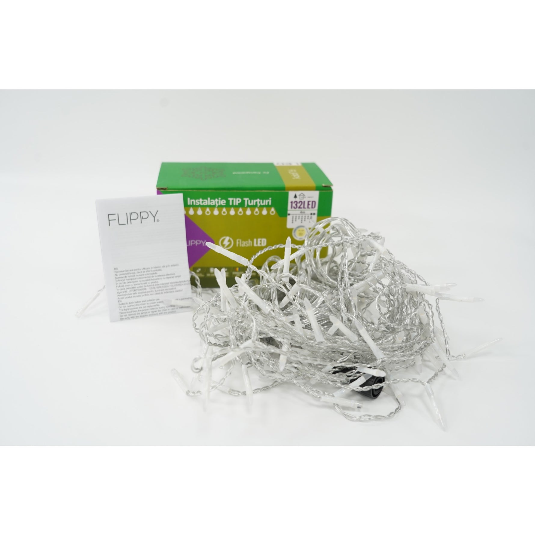 Instalatie de Craciun Flippy® Tip Turturi, Franjuri cu Flash, Sectiune 4 m, 132 LED-uri, Interconectabila, Fir