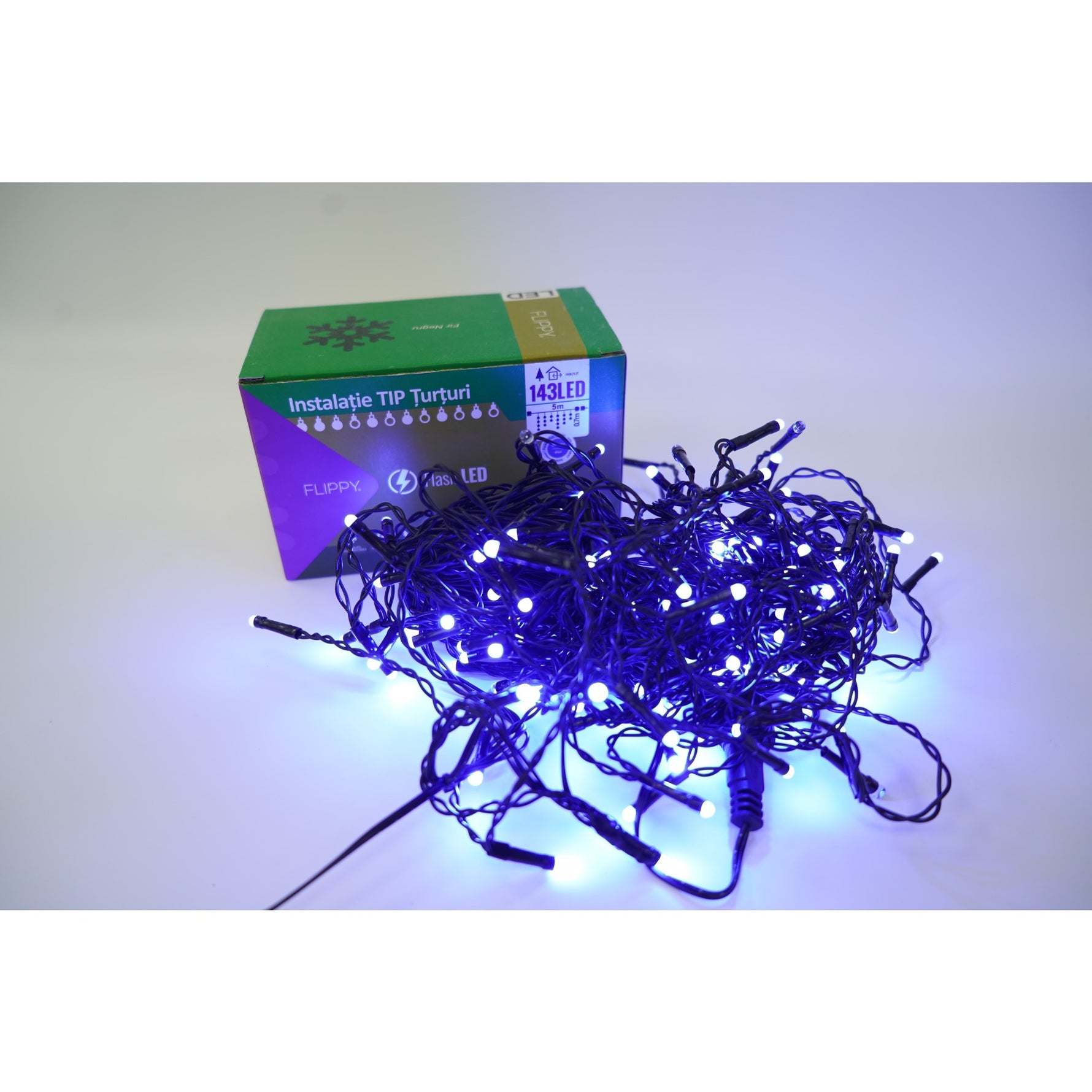 Instalatie de Craciun Flippy® Tip Turturi, Franjuri cu Flash, Sectiune 5 m, 143 LED-uri, Interconectabila, Fir Negru,