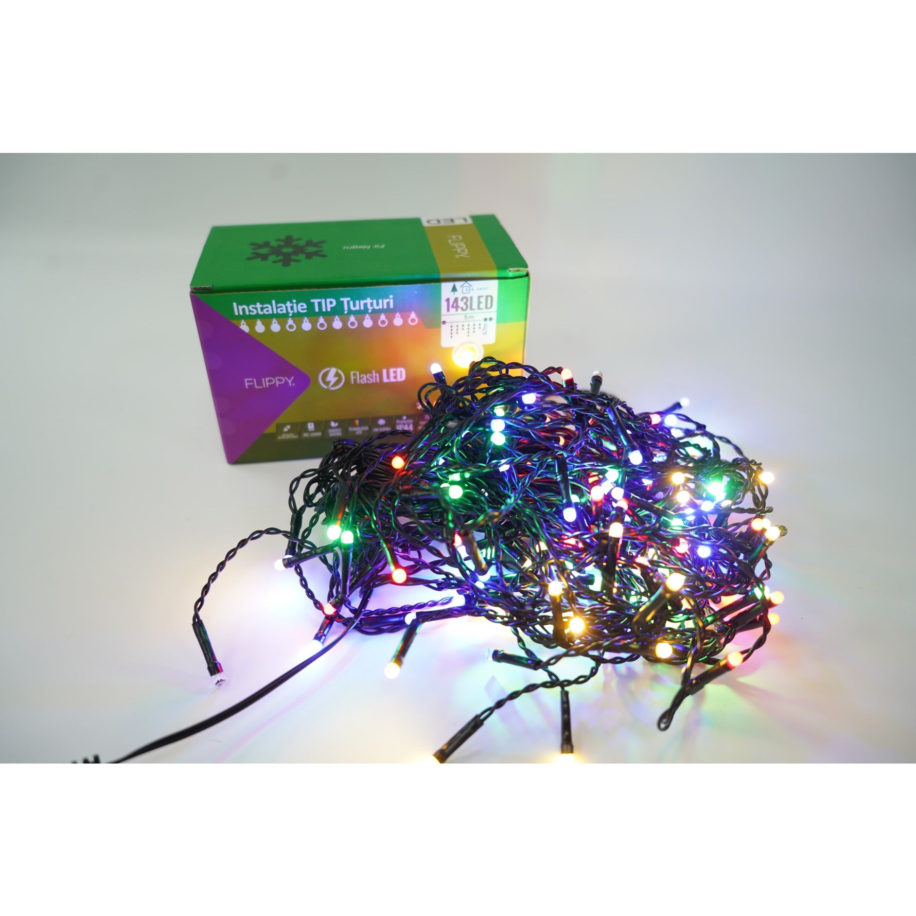 Instalatie de Craciun Flippy® Tip Turturi, Franjuri cu Flash, Sectiune 5 m, 143 LED-uri, Interconectabila, Fir Negru,