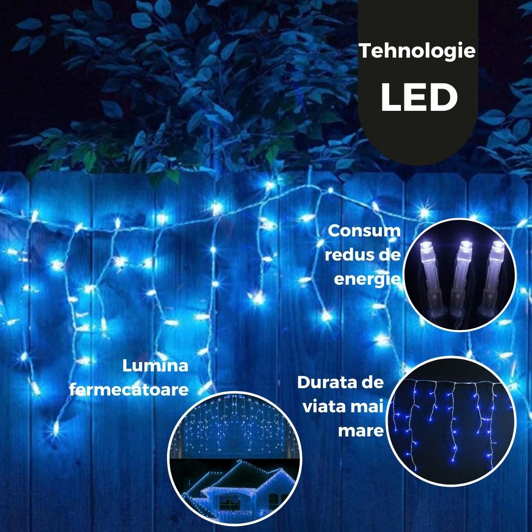 Instalatie de Craciun, Flippy®, Tip Turturi, Sectiune 5 m, 143 LED-uri, 8 Jocuri de Lumini, Fir Alb, Lumina Albastra,